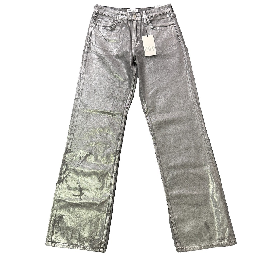 Zara Mid Rise Full Length Wide Leg Jeans Womens 6 Silver Metallic Baggy NWT